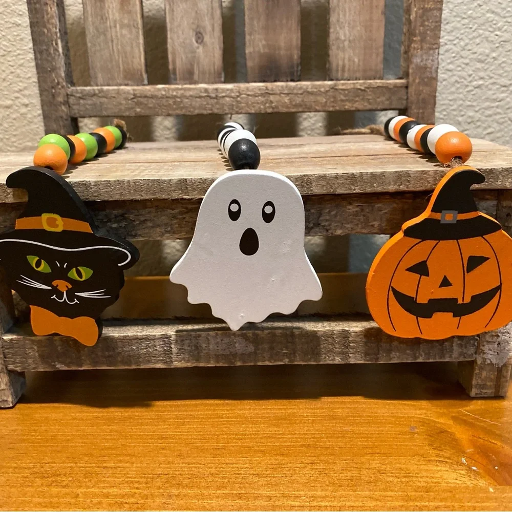 Halloween Beaded Garland Set Of 3, Black Cat Garland, Ghost Beaded Garland Set